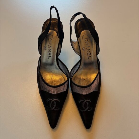 Chanel Iconic "CC" Black Mesh Sling Back Heel Luxury - Picture 1 of 15